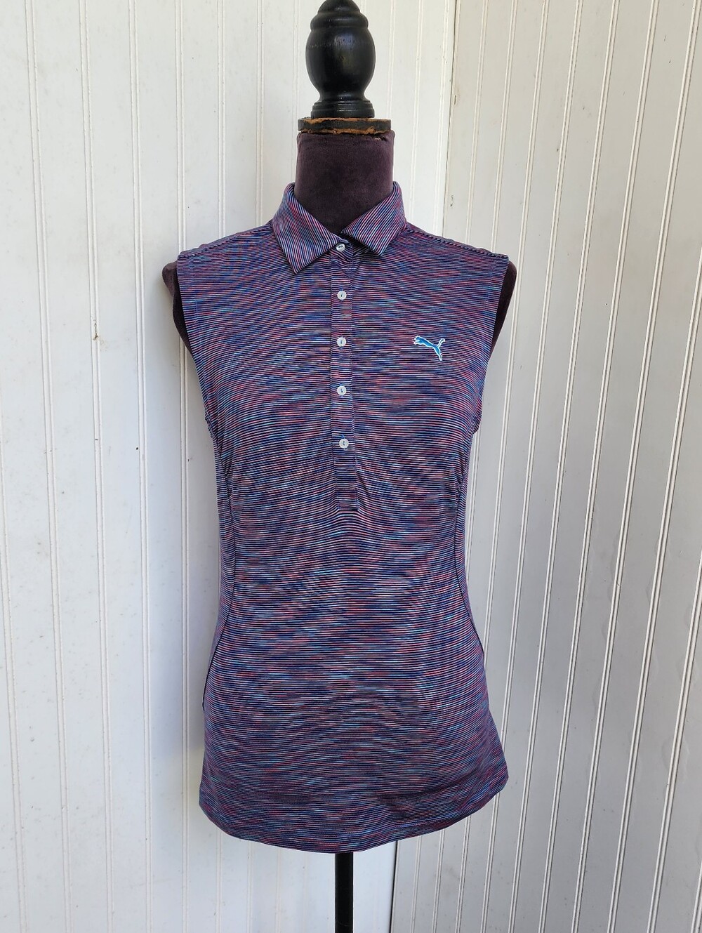 Puma Womens Striped Collared Stretch Sleeveless Polo Athletic Top Pink Blue S